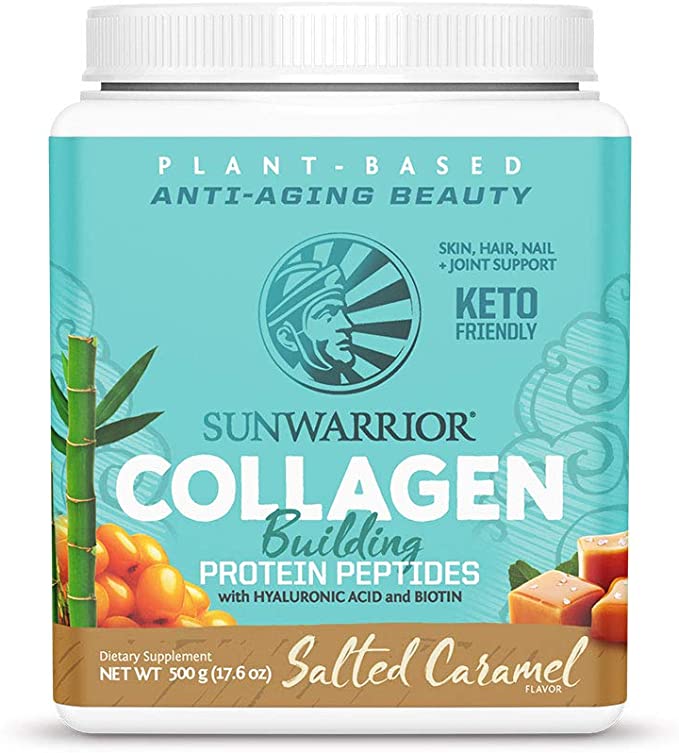 Sunwarrior Plant-Based Collagen Building Protein Peptides, Organic and Vegan Protein Powder, Hyaluronic Acid, and Biotin (Salted Caramel, 500G)