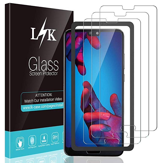 L K 3 Pack Screen Protector for Huawei P20, Tempered Glass [9H Hardness] [Bubble Free] [Case Friendly] [Scratch Resistance] [Alignment Frame Easy Installation] Screen Protective Film