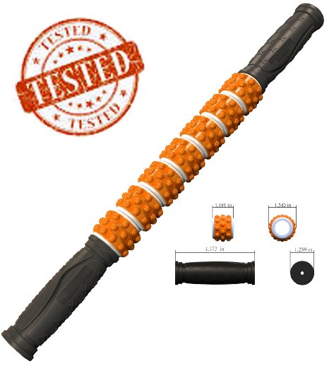 The Muscle Stick Elite - Rubber Massage Roller - Better Than Foam Roller - Deep Tissue Muscle Recovery - Trigger Point Relief of Soreness - No Flex Perfect Pressure - Guaranteed - Orange Knobby Soft