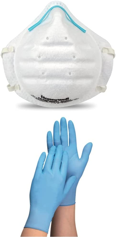 Honeywell Safety NIOSH-Approved, N95 Cup Mask with Nose Clip, 20-pack (DC365N95HC) withHoneywell Performance Nitrile Exam Glove, Size Medium (4580601-M)
