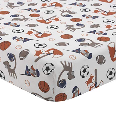 Bedtime Originals Baby League Fitted Crib Sheet - Blue, Gray, White, Animals