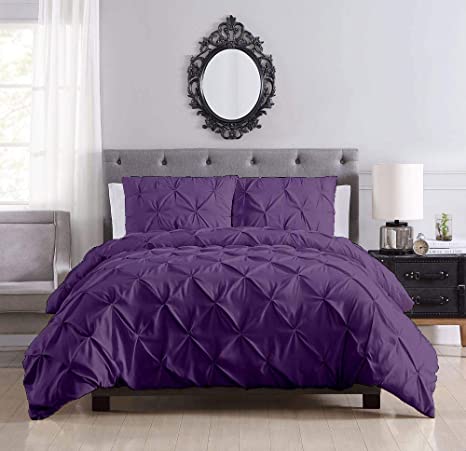 Pinch Pleated Duvet Cover Set 3 Piece 100% Egyptian Cotton 800 Thread Count Box Pintuck with Zipper Closure & Corner Ties Duvet Cover, Queen/Full (90" x 90") Plum Solid