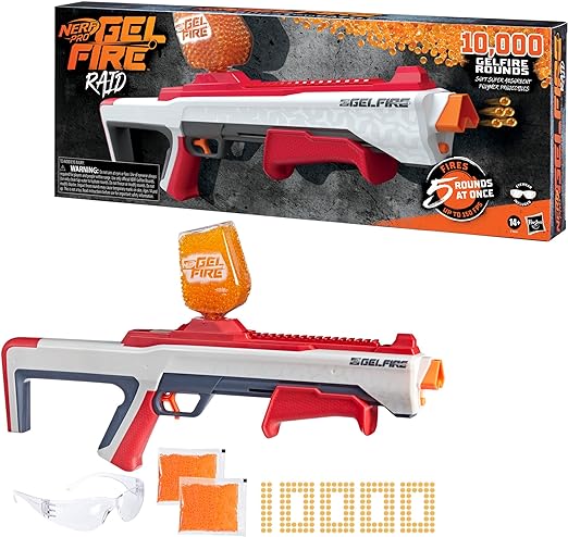 Nerf Pro Gelfire Raid Blaster, Fire 5 Rounds at Once, 10,000 Gel Rounds, 800 Round Hopper, Eyewear, Christmas Gifts for Teens, Ages 14