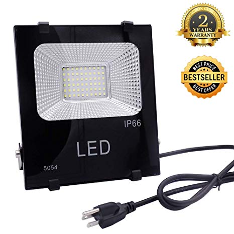 LED Flood Work Light Outdoor 30W(150W Equivalent),2700 lm 6000K Daylight White,IP66 Waterproof,4ft Cord US-3 Plug Yoke Mount,Super Bright Security for Yard,Garage,Garden,Playground,Basketball Court,CA