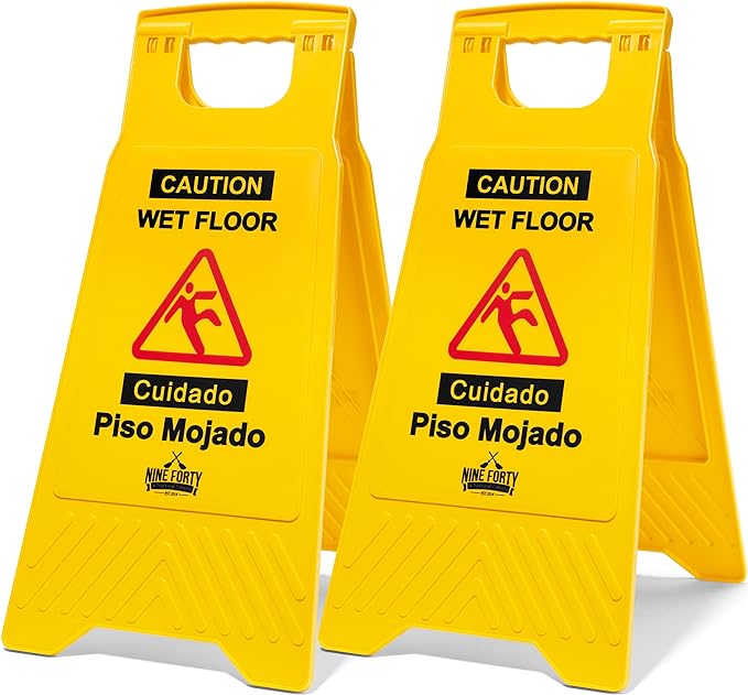 Nine Forty No-Pinch Handle Commercial Caution Wet Floor Sign | Sturdy and Durable Yellow 2-Sided Fold-Out A-Frame Design | Bilingual Message - 24" Height | Ideal for Indoor and Outdoor Use | Pack of 2