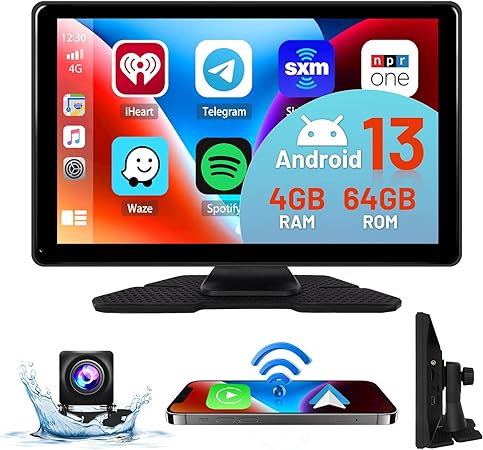 4G 64G Android 13 Car Stereo Portable Apple CarPlay Android Auto Screen, 9 Inch Touchscreen Car Radio with Backup Camera, Voice Control, Airplay, AUX