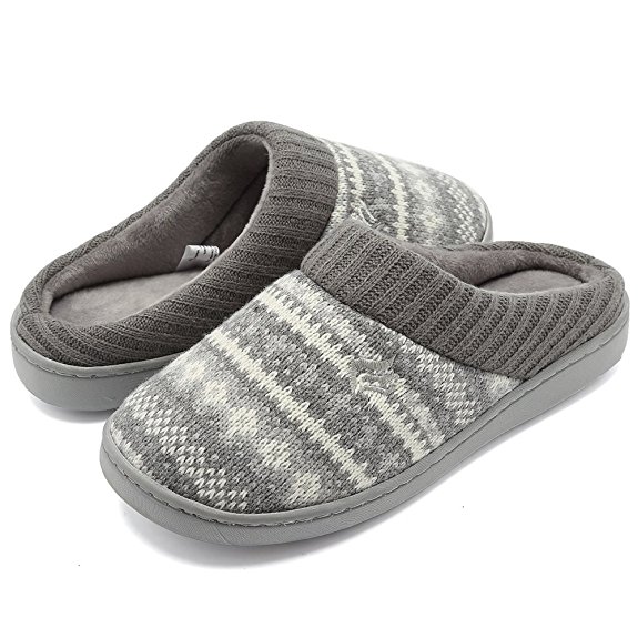 CIOR Fantiny Women's Memory Foam House Slippers Sweater Knit Embroidered Pattern and Ribbed Hand-Knit Collar