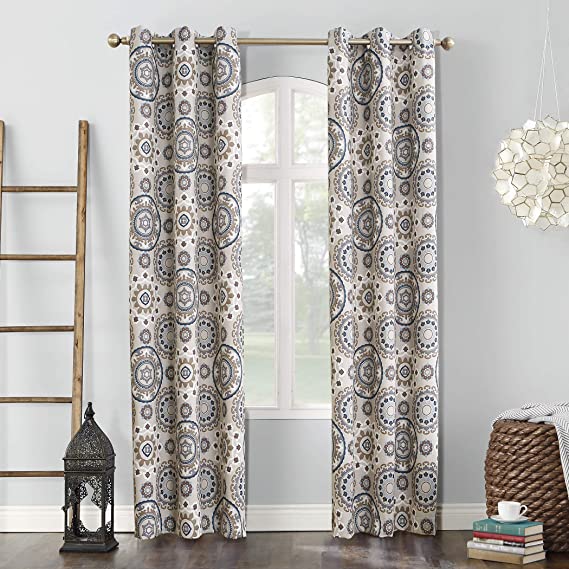 Sun Zero Nepal Global Medallion Print Blackout Grommet Curtain Panel, Linen, 40" x 84"