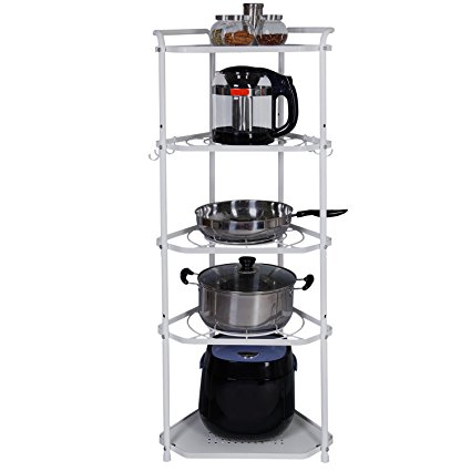 Lifewit Pan Pot Organizer Rack with 6 Removable Hooks Free Standing Corner Shelf Unit, 5 Tiers Height Adjustable Cookware Rack Holder Carbon Steel, White