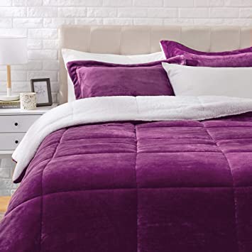 AmazonBasics Ultra-Soft Micromink Sherpa Comforter Bed Set - Full or Queen, Plum