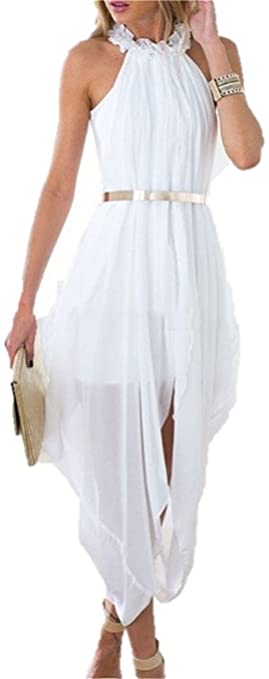 Shopall Elegant Women's Sheer Chiffon Halter Sleeveless Hi Low Beach Party Dress with Gold Belt