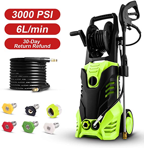 Homdox 3000PSI Electric Pressure Washer, Max Pressure 1.8GPM High Power Washer Reel Style Cleaner Machine with 1800W Rolling Wheels & 5 Interchangeable Nozzles-Green