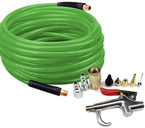 Dynamic Power PU Braided Air Hose 1/4 inch. by 50 Feet (6.5mmI.D. by 15 M) Includes Bonus Kit: Safety Blow Gun with 5 Tips. 200 PSI. D-PU14-50-10