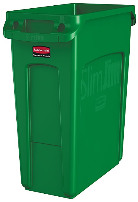 Rubbermaid Commercial Vented Slim Jim Trash Can Waste Receptacle, 16 Gallon, Green, Plastic, 1955960