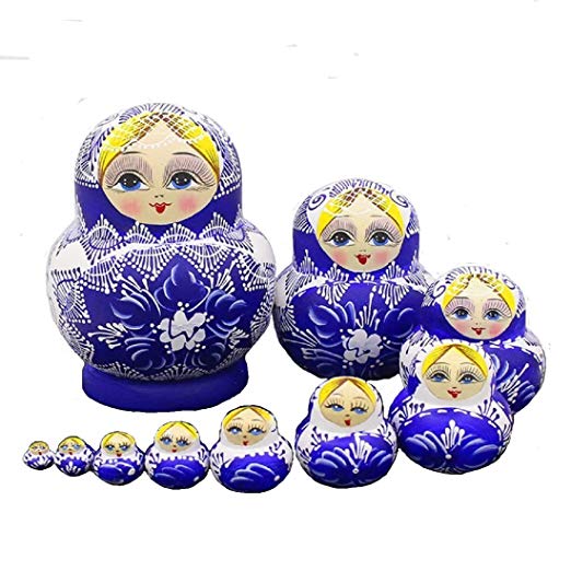 LK King&Light 10pcs beautiful Blue_White Russian Nesting Dolls Matryoshka Wooden Toys