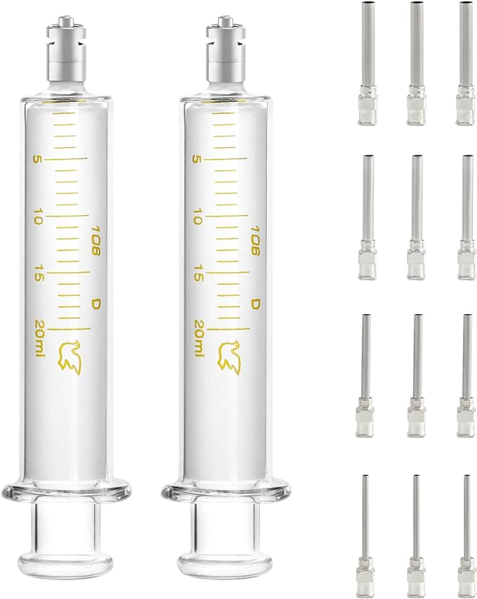 QWORK 20ml Luer Lock Reusable Glass Syringe Stainless Steel Blunt Tip Luer Lock 8, 10, 12, 14 Gauge Each 3 Pcs, 2 Set Lab Syringe Needles