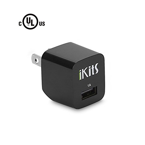 iKits (UL Certified) Universal USB Wall Charger/Travel Charger Single port, 5V 1A , Fordable Plug for iPhone 7, 7Plus, 6s,6, SE, iPhone Charger Black
