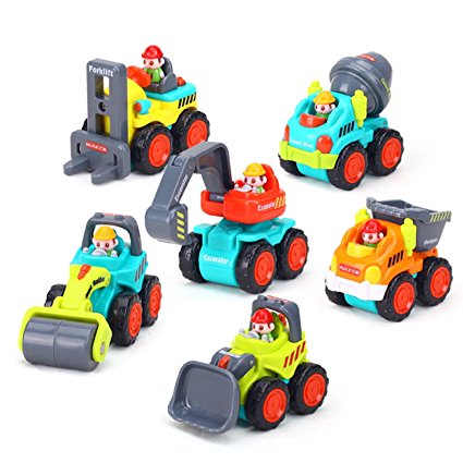 Push and Go Friction Powered Car Toys, Construction Play Vehicles Set of 6 for Baby Toddlers Over 18 Months - Bulldozer, Cement Mixer, Dumper, Forklift, Excavator and Road Roller