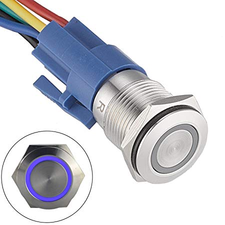 API-ELE [3 year warranty] 16mm Latching Push Button Switch 12V DC On Off Stainless Steel with LED Angel Eye Head for 0.63" Mounting Hole with Wire Socket Plug Self-locking(Blue)