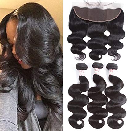 GRACE PLUS Malaysian Virgin Body Wave 3 Bundles with Frontal Ear to Ear Lace Frontal Closure with 7A Human Hair Extensions Lace Frontal with Baby Hair Natural Color (16 16 16 14)