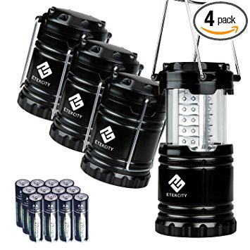 Etekcity 4 Pack Portable LED Camping Lantern with 12 AA Batteries - Survival Kit for Emergency, Hurricane, Power Outage (Black, Collapsible) (CL10)