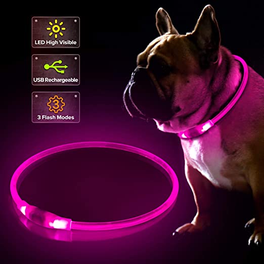 LED Dog Collar, USB Rechargeable Flashing Light Up Collar for Safety at Night, Adjustable Water Resistant Bright Lighted Collar for Small Medium Large Dogs