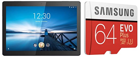 Lenovo Tab M10 Tablet (10.1 inch, 32GB, Wi-Fi   4G LTE), Slate Black   Samsung 64GB EVO Plus Memory Card Combo