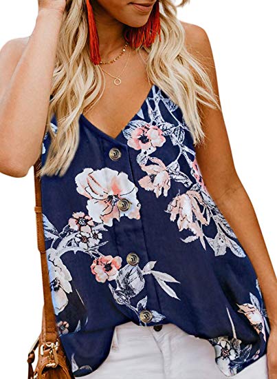 FARYSAYS Women's Casual V Neck Button Down Strappy Cami Tank Tops Summer Sleeveless Shirts Blouses