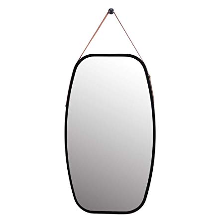 WILSHINE Black Wall Hanging Mirror for Entryway Living Room Bedroom Wall Framed Mirror Modern Rectangle with Rounded Corners and Faux Leather Strap, 29.1" x 16.9"