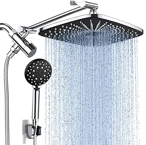 Veken 14 Inch High Pressure Rain Shower Head Combo with Extension Arm- Wide Rainfall Showerhead with 5 Handheld Water Spray - Adjustable Dual Showerhead with Anti-Clog Nozzles - Silver Chrome