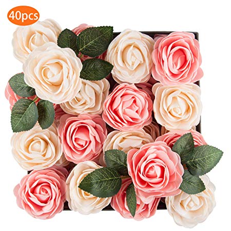 TOPHOUSE 40pcs Artificial Flowers Roses Real Touch Fake Roses for DIY Wedding Bouquets Bridal Shower Party Home Decorations(Pink & Ivory)