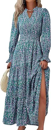 PRETTYGARDEN Women's Floral Maxi Dress 2024 Fall Long Sleeve V Neck Casual A Line Long Flowy Boho Party Dresses