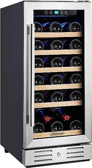 Kalamera 15 Inch Wine Cooler Refrigerator 30 Bottle with Stainless Steel & Double-Layer Tempered Glass Door and Temperature Memory Function Built-in or Freestanding Mini Fridge