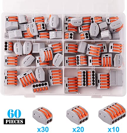 Kinstecks 60PCS Lever-Nut 2/3/5 Conductor Assortment Pack Conductor Compact Splicing Connector PCT-212/PCT-213/PCT-215 Lever Nut Kit for Electrical Solid Stranded Flexible Wires