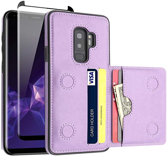 LakiBeibi Galaxy S9 Plus Case with Card Holders, Dual Layer Lightweight Slim Leather Wallet Card Slot Flip Magnetic Lock with Screen Protector for Samsung Galaxy S9 Plus 6.2 Inch (2018), Purple
