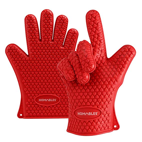 Homables Heat Resistant Silicone BBQ Gloves - Protective Insulated Oven, Grill, Baking, Smoker or Cooking Gloves - FDA Approved (Red)
