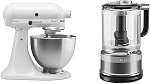 KitchenAid Classic Series 4.5 Quart Tilt-Head Stand Mixer K45SS, White & 5 Cup Food Chopper - KFC0516, Contour Silver