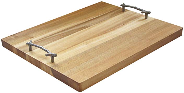 American Atelier Rectangle Wooden Tray - Natural Finish Metal Twig Designed Handles Coffee Tea Dinner Party - Great Centerpiece & Gift Idea, 16.5"x13.78"