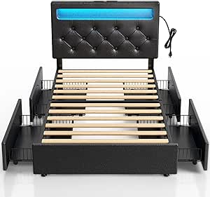 Rolanstar Twin Size Bed Frame with Charging Station and LED Lights, Upholstered PU Leather Bed with Adjustable Headboard and 4 Storage Drawers, No Box Spring Needed, Easy Assembly, Black