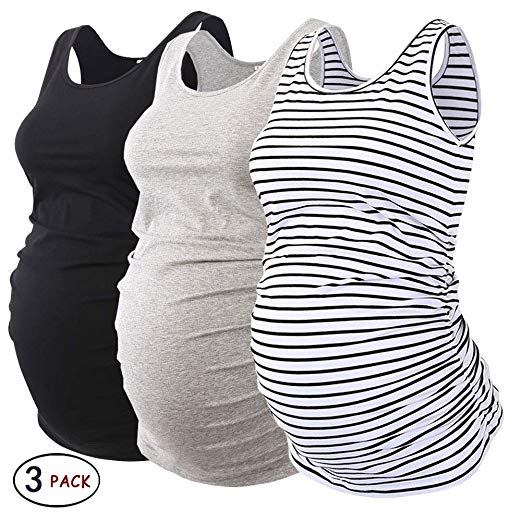 Jinson Pack 3pcs Mama Womens Layering Maternity Tank Top Pregnancy Tee Scoop Neck Sleeveless Ruched Vest