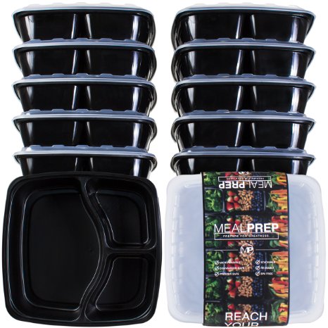 3-Compartment Premium Meal Prep Containers 48 Oz Set of 10