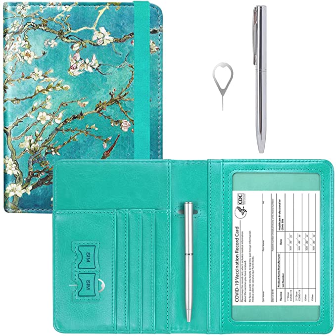 Passport Holder UPGRADED VERSION - HOTCOOL Leather Passport and Vaccine Card Holder Combo Slot Wallet Travel Cover Case, with 11 Pockets, Pen and Pin, RFID Blocking and Elastic Strap, Almond Blossom