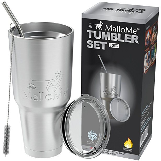 MalloMe Tumbler 30 oz. Double Wall Stainless Steel Vacuum Insulated - Travel Mug [Crystal Clear Lid] Water Coffee Cup [Straw Included] For Home,Office,School - Works Great for Ice Drink, Hot Beverage