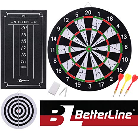 BETTERLINE Double-Sided Flocked Dart Board Set - Includes 6 Darts and Cricket Scoreboard Kit - 43 Centimeters (17 Inches) Diameter Dartboard