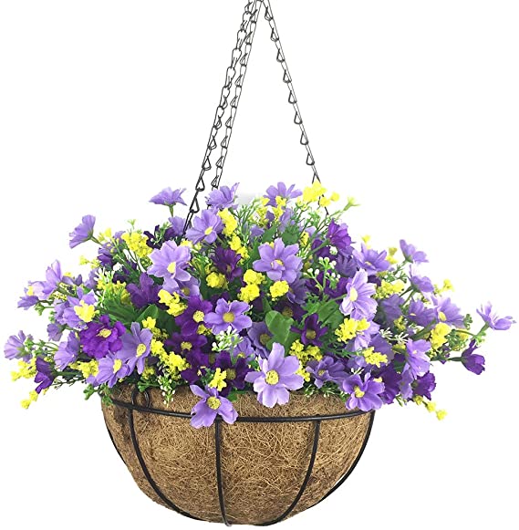 Lopkey Artificial Daisy Flowers Outdoor Indoor Patio Lawn Garden Hanging Basket with Chain Flowerpot,10 inch Dark Purple