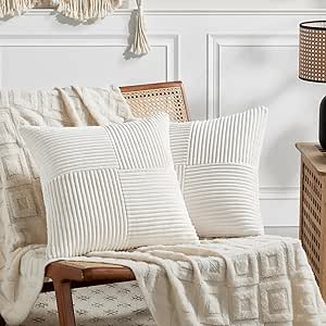 Fancy Homi 2 Packs Cream White Decorative Throw Pillow Covers 18x18 Inch for Living Room Couch Bed Sofa, Farmhouse Boho Home Decor, Soft Corss Corduroy Patchwork Textured Square Cushion Case 45x45 cm