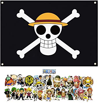 35.5x23.6 Polyester Luffy One Piece Jolly Roger Pirate Flag - One Piece Flag with Straw Hat for Anime Room Decor with 50 pcs Waterproof Anime Collectibles One Piece Stickers - Luffy Pirate Flag & One Piece Stickers