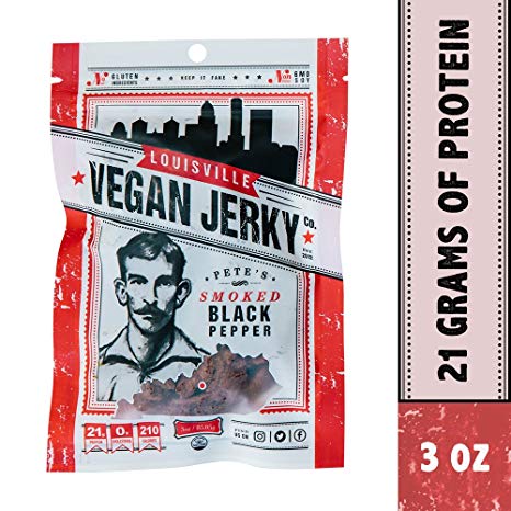 Louisville Vegan Jerky - Smoked Black Pepper, Vegetarian & Vegan Friendly Jerky, 21 Grams of Non-GMO Soy Protein, Gluten-Free Ingredients (3 oz.)