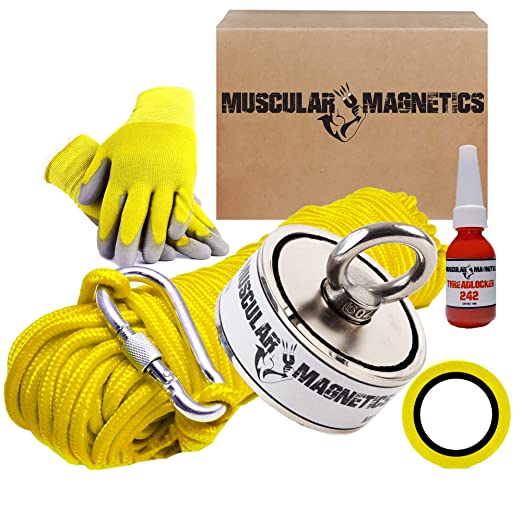 625lb Double Sided Fishing Magnet Bundle Pack - Includes 6mm 100ft High Strength Nylon Rope with Carabiner, Non-Slip Rubber Gloves, Threadlocker, Tape & Super Strong Double Sided 625lb (283kg) Magnet