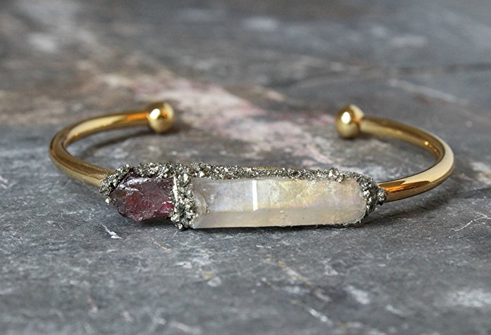 Boho Raw Crystal Gemstones Ruby and Angel Aura Quartz Cuff Bracelet Jewelry